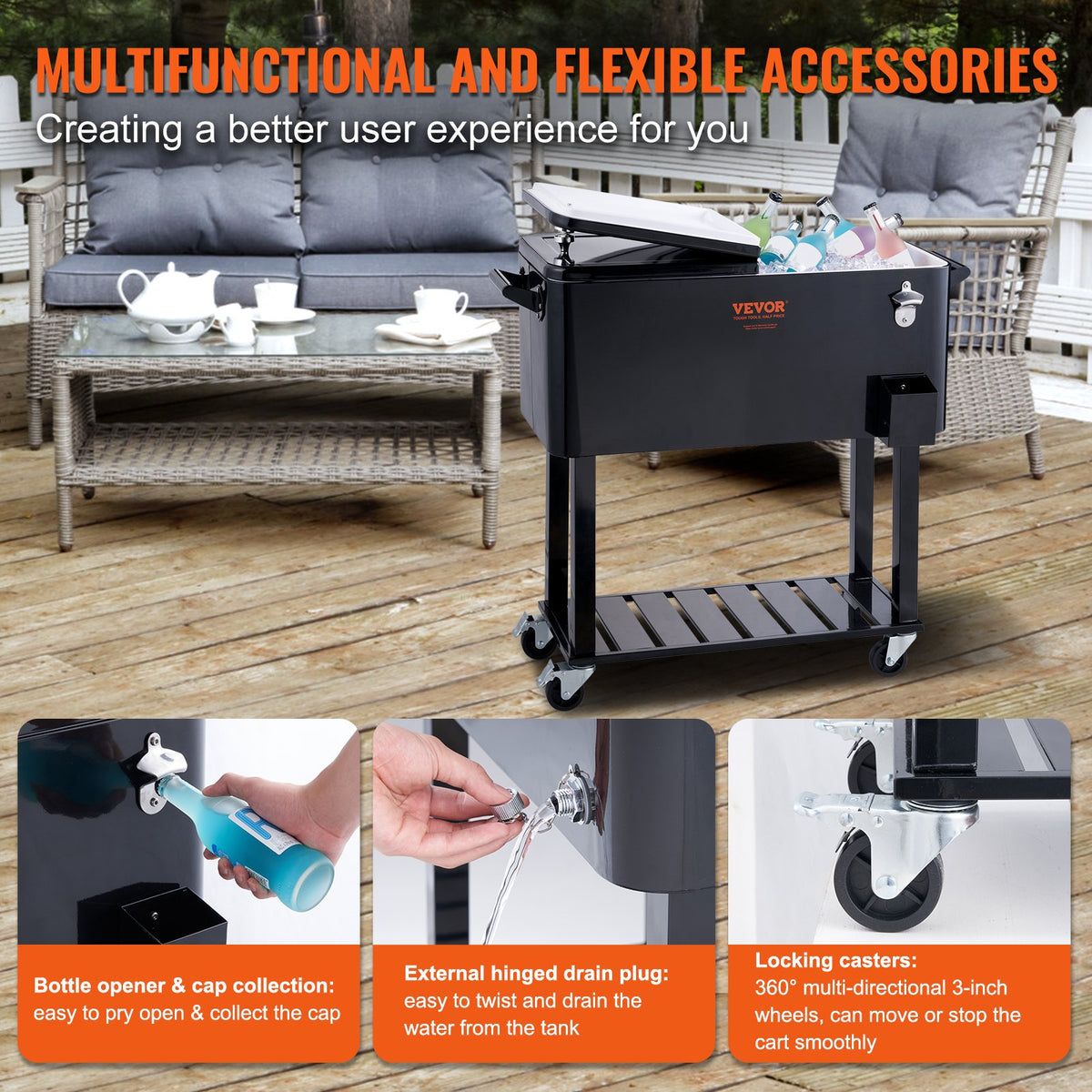 VEVOR Portable Ice Cooler 80 L on Wheels with Bottle Opener and Handles, for Bar and Terrace, Black