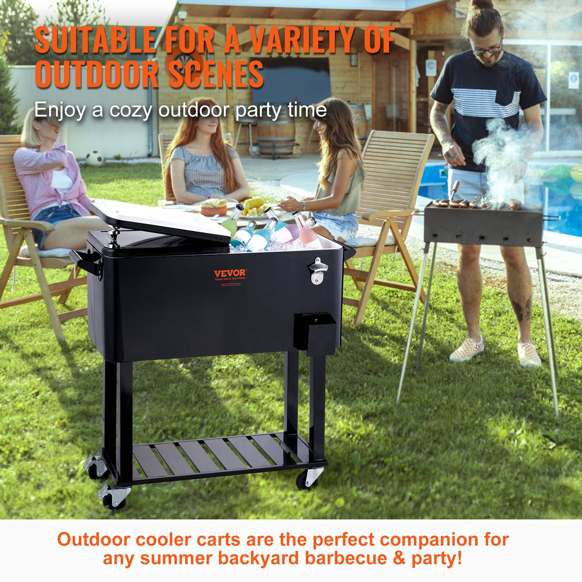 VEVOR Portable Ice Cooler 80 L on Wheels with Bottle Opener and Handles, for Bar and Terrace, Black