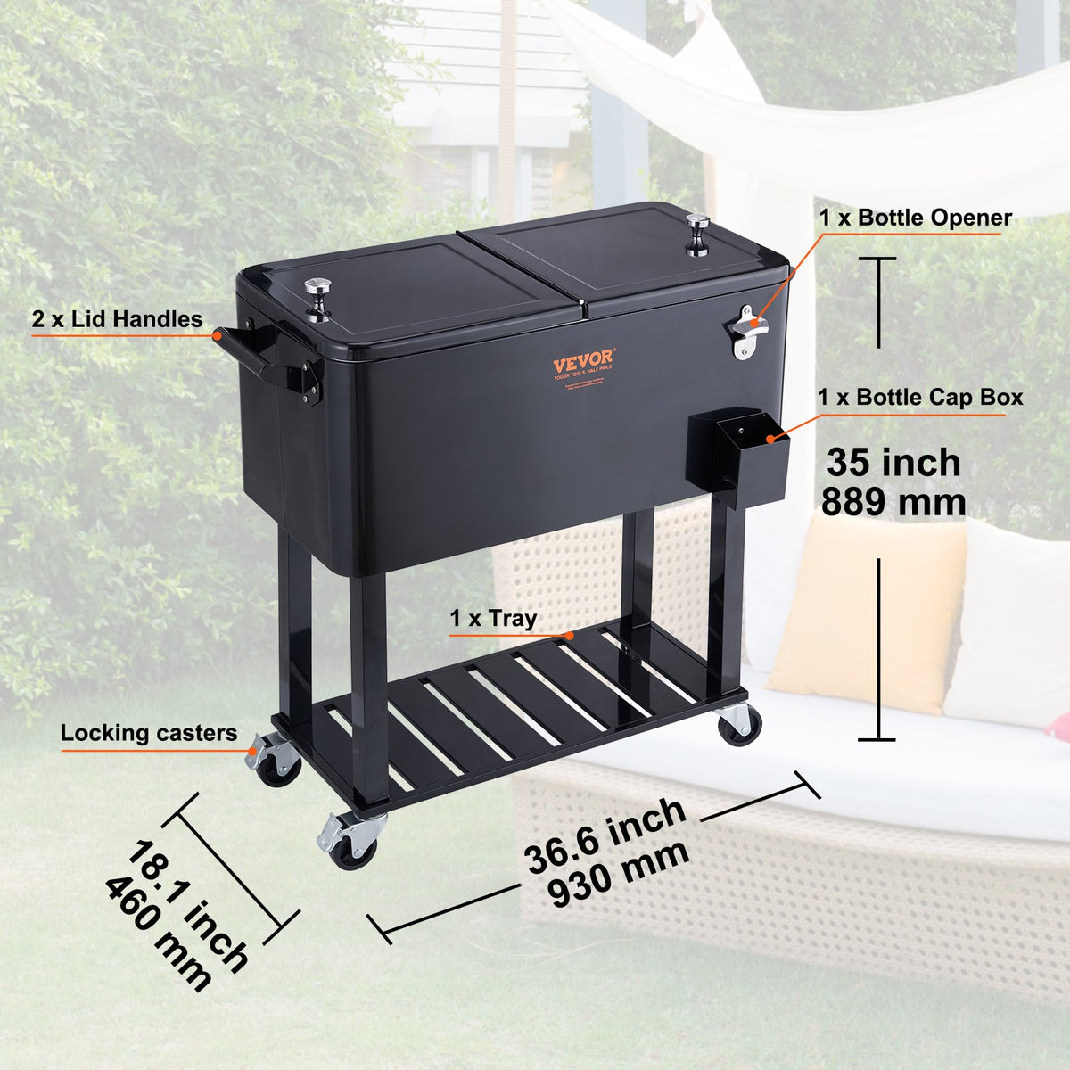 VEVOR Portable Ice Cooler 80 L on Wheels with Bottle Opener and Handles, for Bar and Terrace, Black