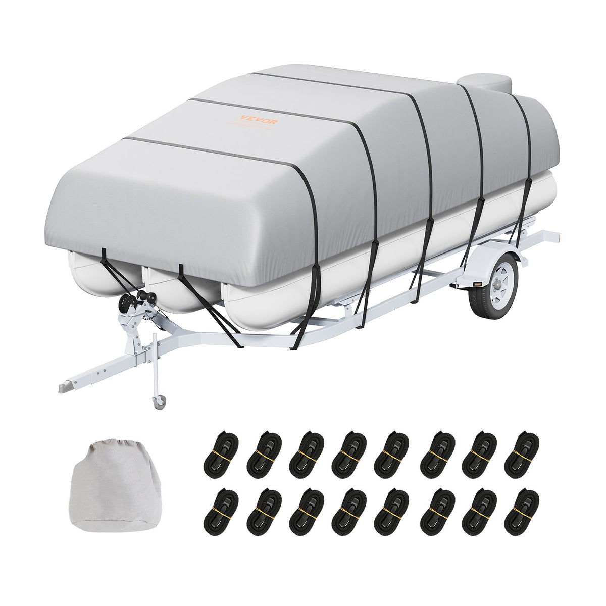 Pontoon Boat Cover 19–20 ft, Waterproof, 800D PU Oxford Fabric, with Motor Cover and 16 Tie-Down Straps, Grey, for Width up to 244 cm