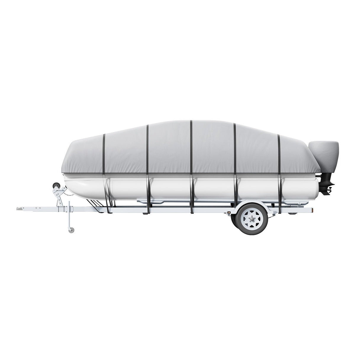 Pontoon Boat Cover 19–20 ft, Waterproof, 800D PU Oxford Fabric, with Motor Cover and 16 Tie-Down Straps, Grey, for Width up to 244 cm