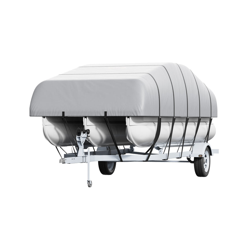 Pontona laivas pārsegs 19-20 ft, ūdensizturīgs, 800D PU Oksfordas audums, ar motora pārsegu un 16 stiprinājuma siksnām, pelēks, platumam līdz 244 cm