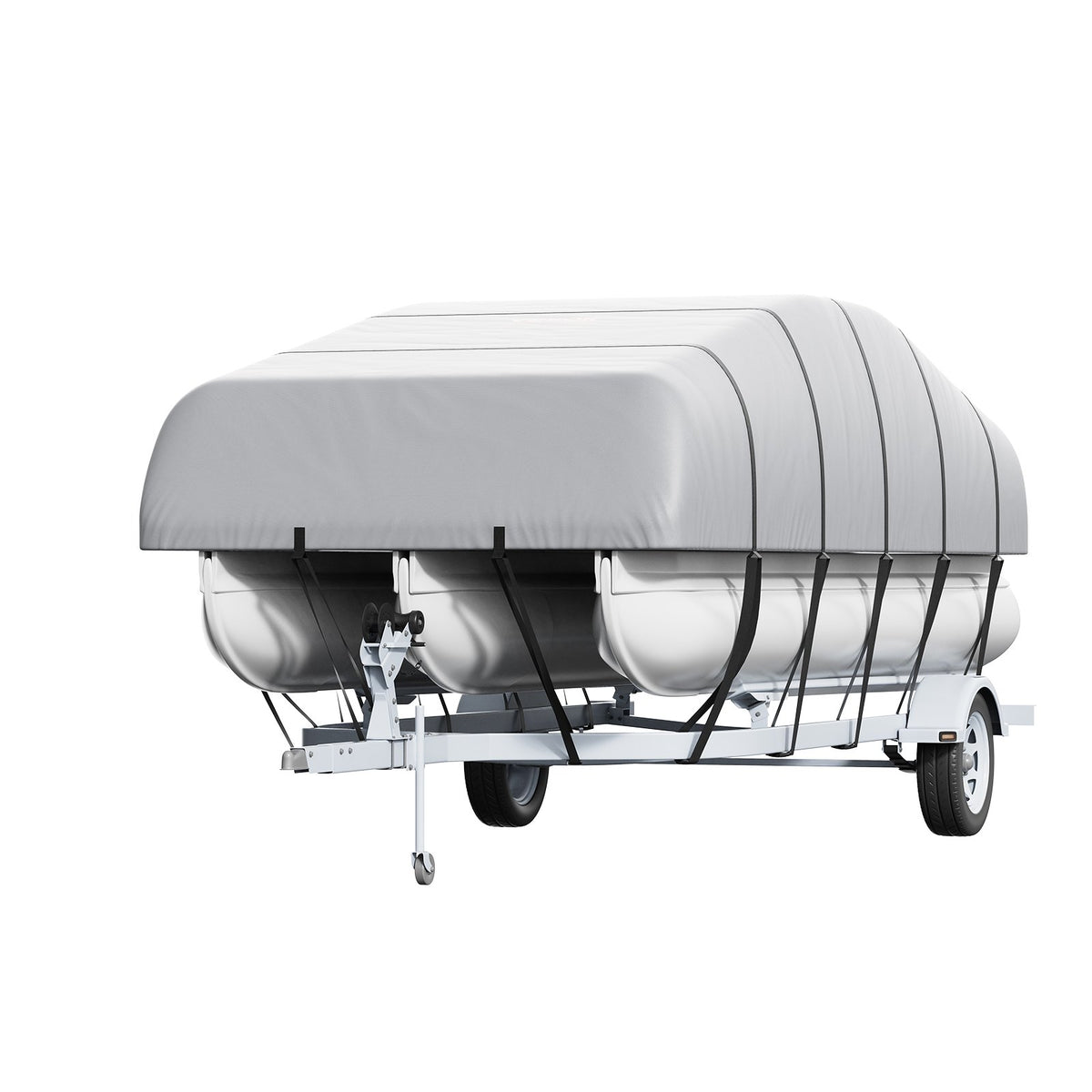 Pontoon Boat Cover 19–20 ft, Waterproof, 800D PU Oxford Fabric, with Motor Cover and 16 Tie-Down Straps, Grey, for Width up to 244 cm