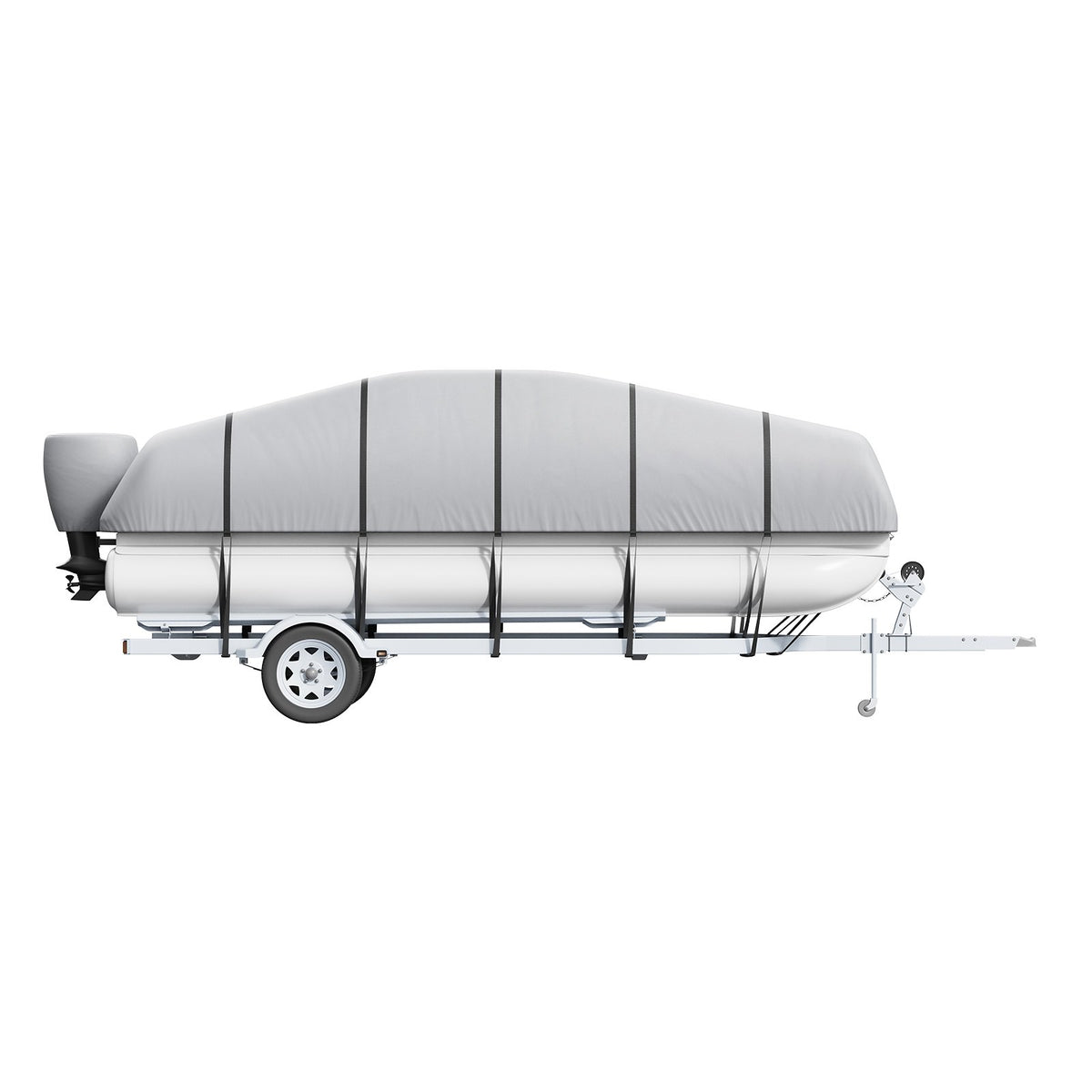 Pontoon Boat Cover 19–20 ft, Waterproof, 800D PU Oxford Fabric, with Motor Cover and 16 Tie-Down Straps, Grey, for Width up to 244 cm