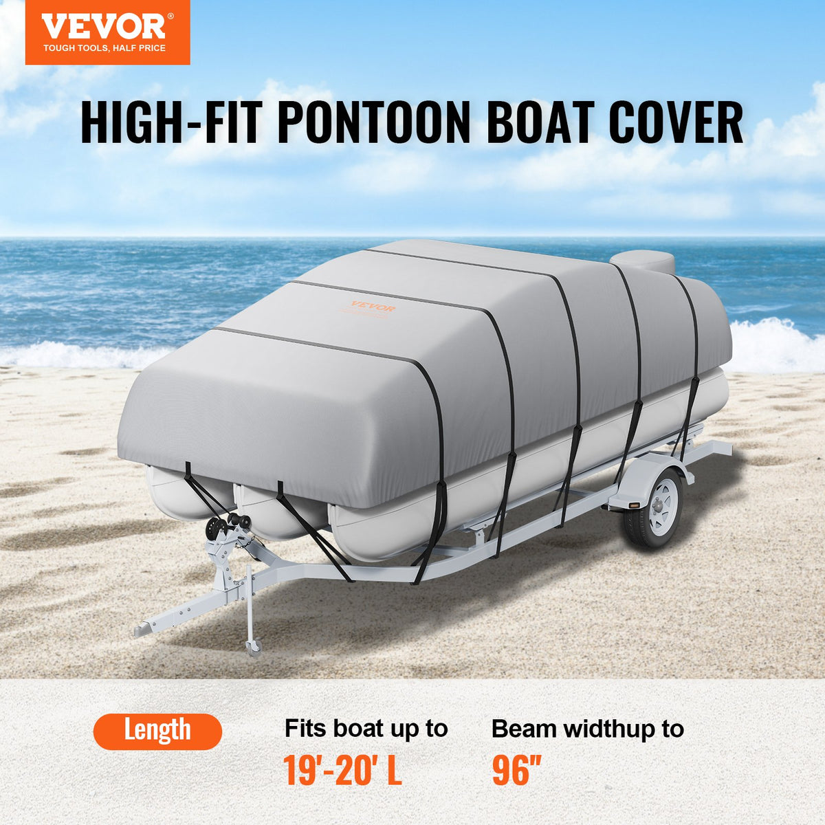 Pontoon Boat Cover 19–20 ft, Waterproof, 800D PU Oxford Fabric, with Motor Cover and 16 Tie-Down Straps, Grey, for Width up to 244 cm