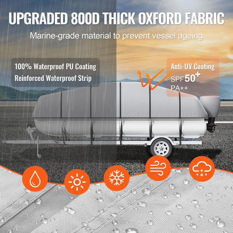 Pontona laivas pārsegs 19-20 ft, ūdensizturīgs, 800D PU Oksfordas audums, ar motora pārsegu un 16 stiprinājuma siksnām, pelēks, platumam līdz 244 cm