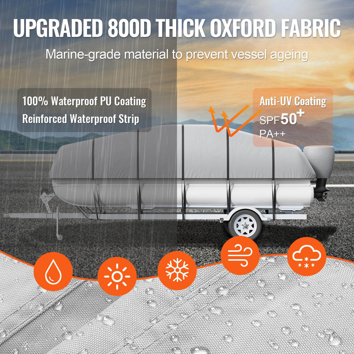 Pontoon Boat Cover 19–20 ft, Waterproof, 800D PU Oxford Fabric, with Motor Cover and 16 Tie-Down Straps, Grey, for Width up to 244 cm