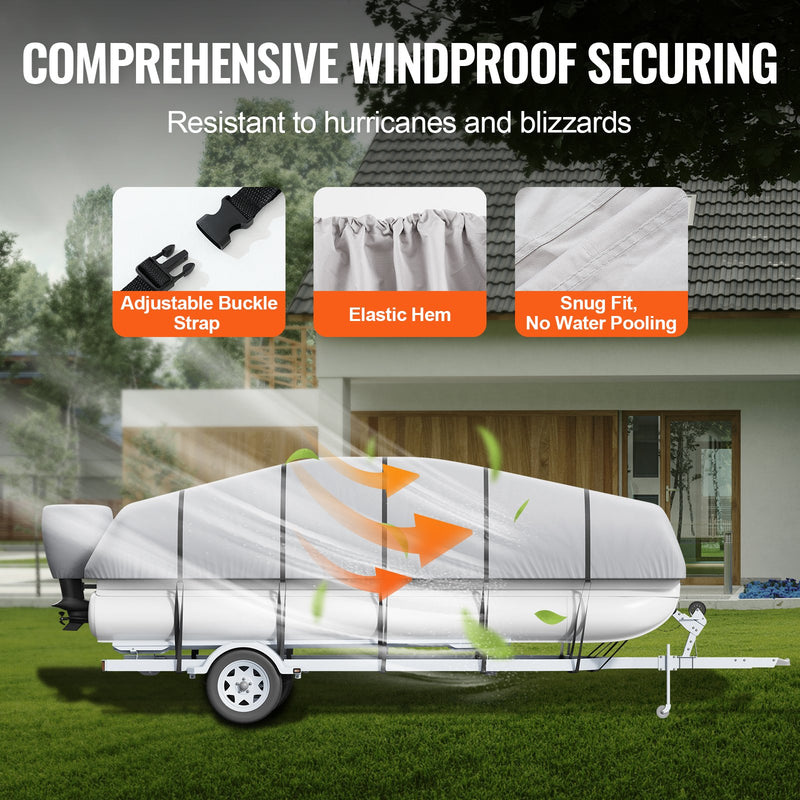 Pontona laivas pārsegs 19-20 ft, ūdensizturīgs, 800D PU Oksfordas audums, ar motora pārsegu un 16 stiprinājuma siksnām, pelēks, platumam līdz 244 cm