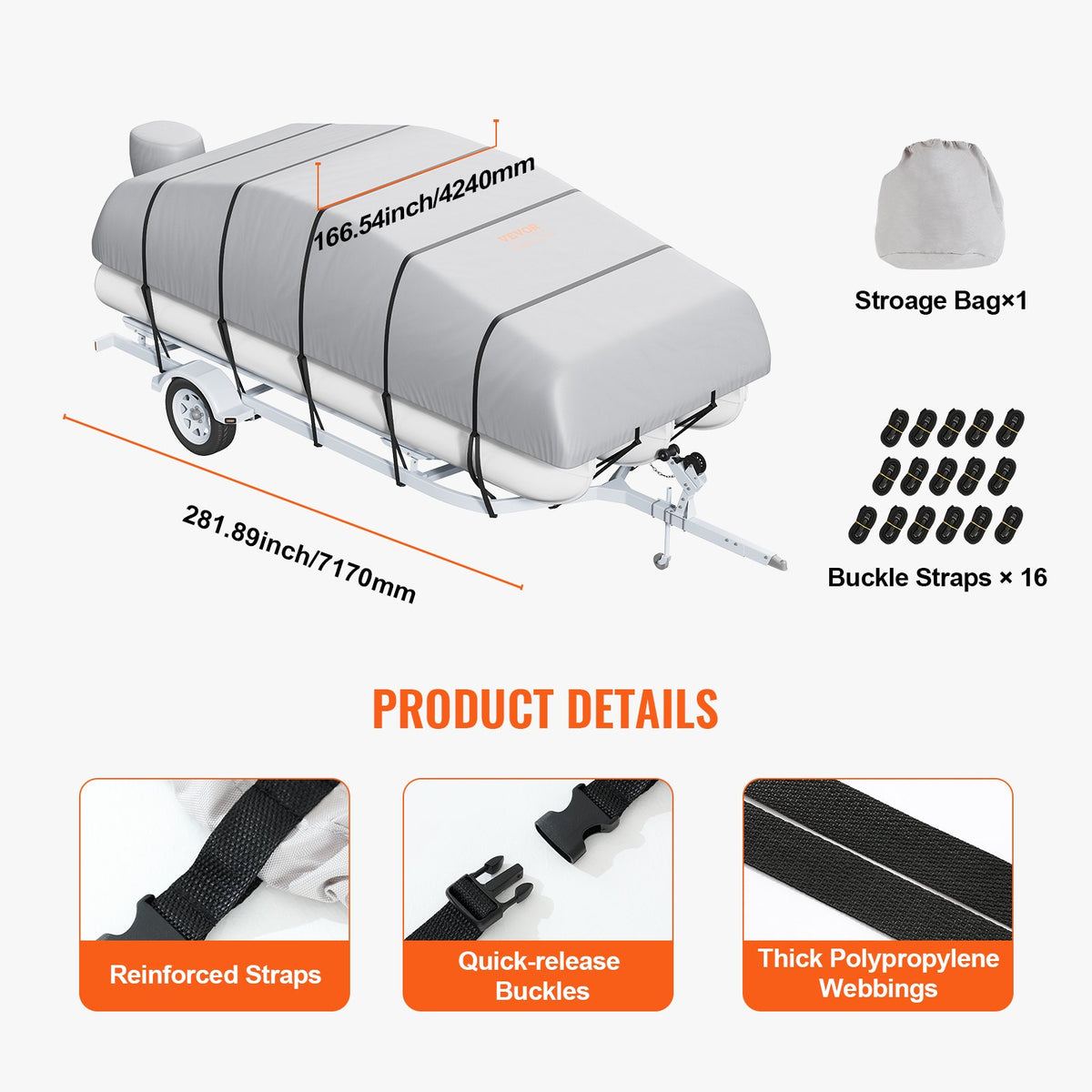 Pontoon Boat Cover 19–20 ft, Waterproof, 800D PU Oxford Fabric, with Motor Cover and 16 Tie-Down Straps, Grey, for Width up to 244 cm