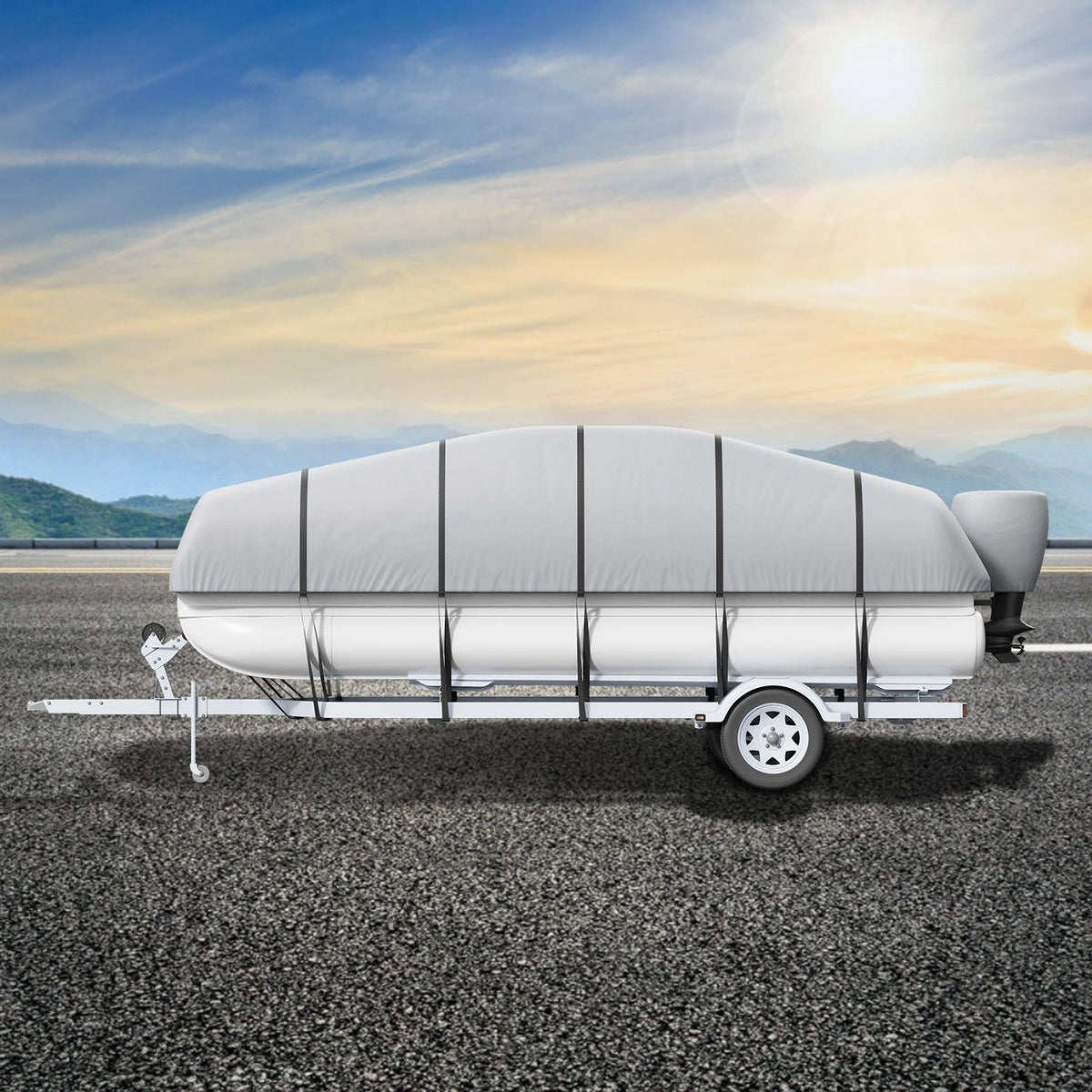 Pontoon Boat Cover 19–20 ft, Waterproof, 800D PU Oxford Fabric, with Motor Cover and 16 Tie-Down Straps, Grey, for Width up to 244 cm