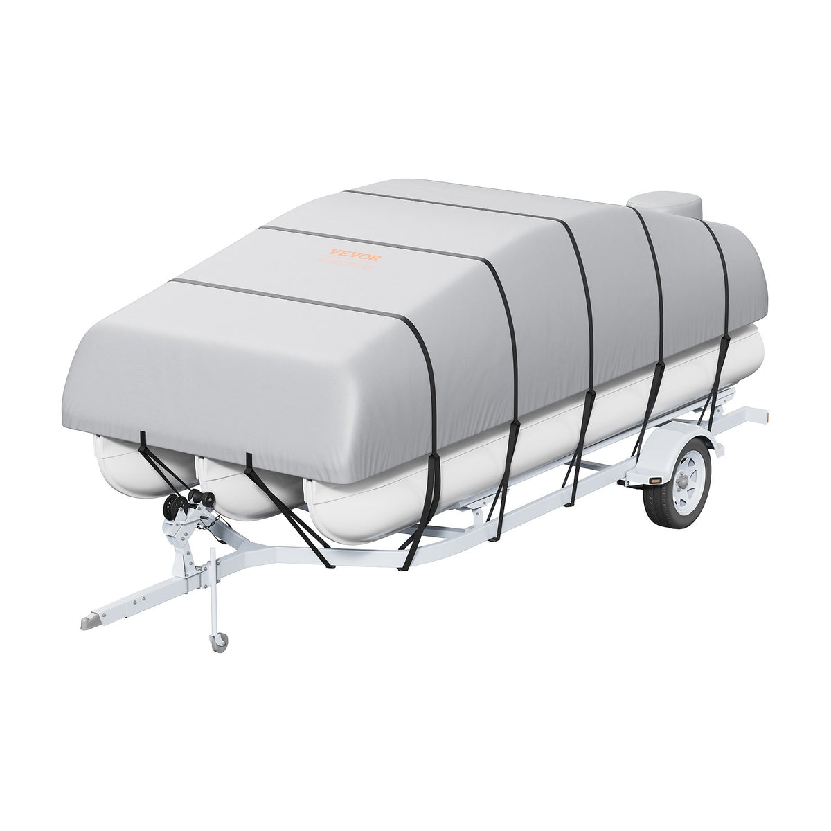 Pontoon Boat Cover 19–20 ft, Waterproof, 800D PU Oxford Fabric, with Motor Cover and 16 Tie-Down Straps, Grey, for Width up to 244 cm