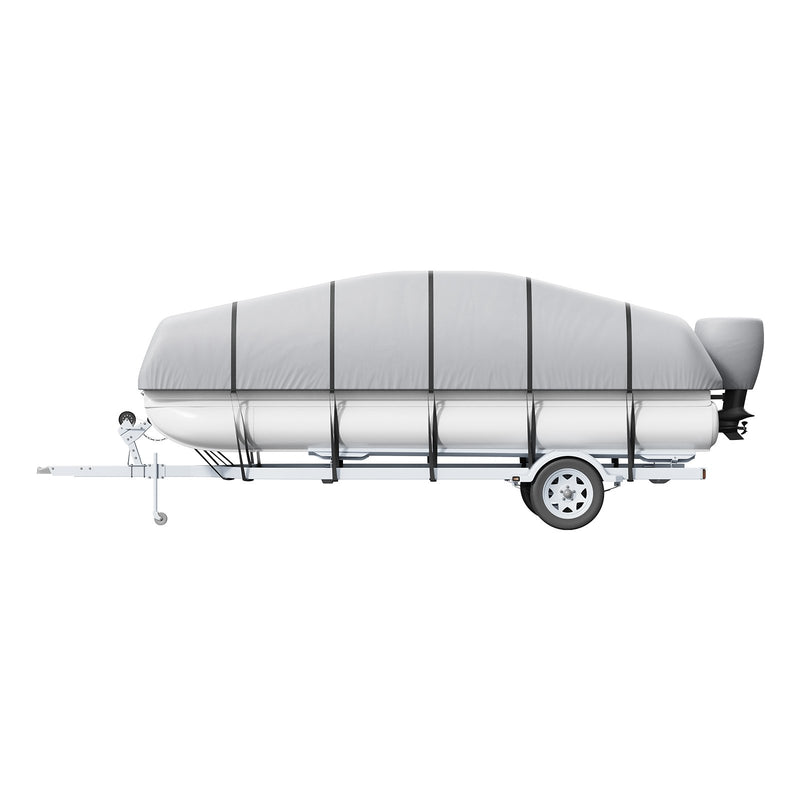 VEVOR pontona pārsegs 7010–7310 mm, 800D jūras klases PU Oksfordas audums, ar motora pārsegu un 16 stiprināšanas siksnām, piemērots platumam līdz 2590 mm, pelēks