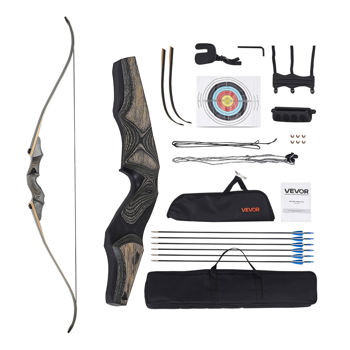 VEVOR Sports and Training Archery Set with Recurve Bow and Arrows — 152 cm Takedown Wooden Bow for Right-Handers with Ergonomic Grip, Suitable for Target Shooting Beginners and Experienced Users (20.4 lbs)