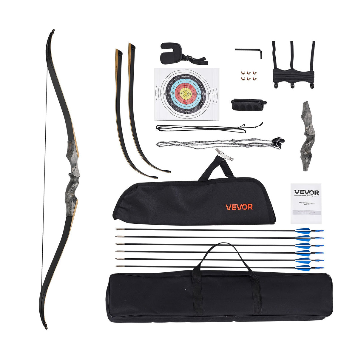 VEVOR Sports and Training Archery Set with Recurve Bow and Arrows — 152 cm Takedown Wooden Bow for Right-Handers with Ergonomic Grip, Suitable for Target Shooting Beginners and Experienced Users (20.4 lbs)