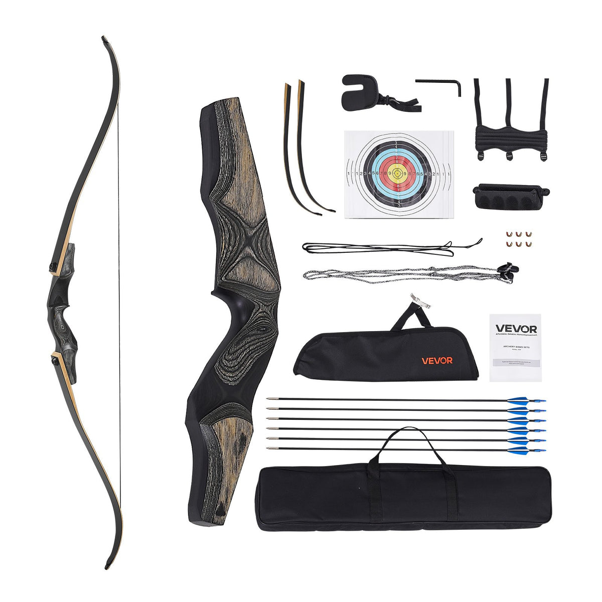 VEVOR Sports and Training Archery Set with Recurve Bow and Arrows — 152 cm Takedown Wooden Bow for Right-Handers with Ergonomic Grip, Suitable for Target Shooting Beginners and Experienced (22.7 lbs)
