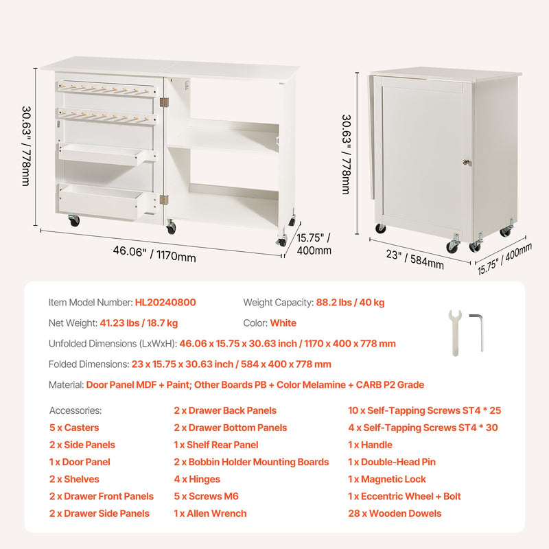 VEVOR salokāms šūšanas galds ar bloķējamiem riteņiem, uzglabašanas plauktiem, virsmu un durvīm, balts