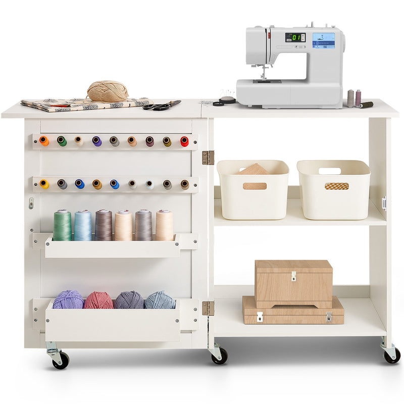 VEVOR salokāms šūšanas galds ar bloķējamiem riteņiem, uzglabašanas plauktiem, virsmu un durvīm, balts