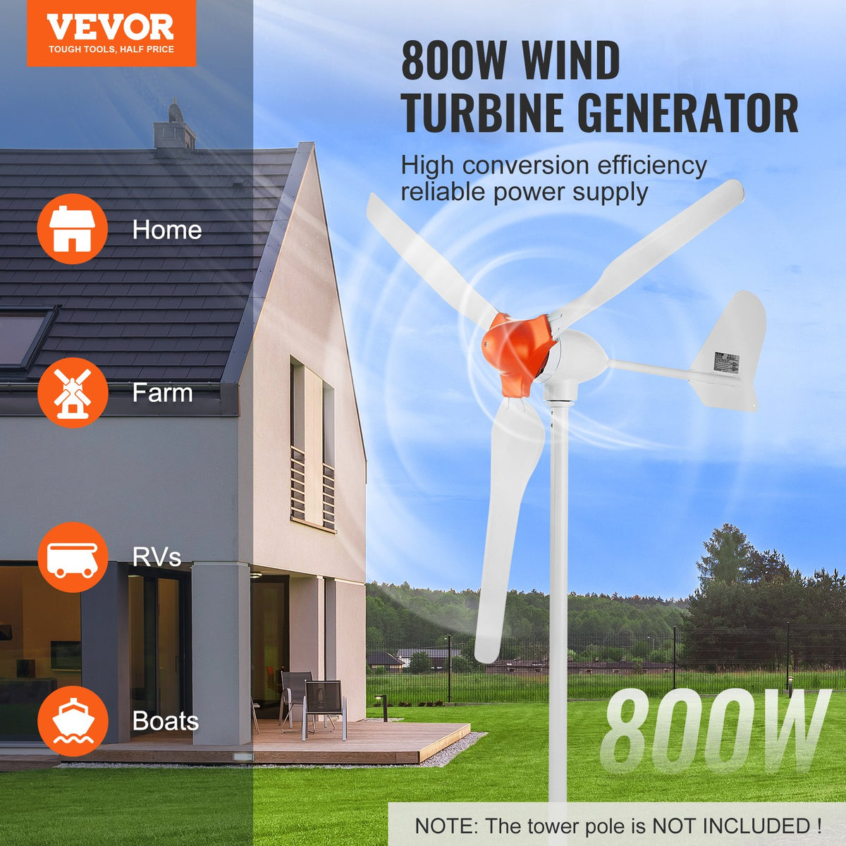 VEVOR 800W 12V 3 Asmeņu Vēja Turbīnas Komplekts ar MPPT Kontrolieri