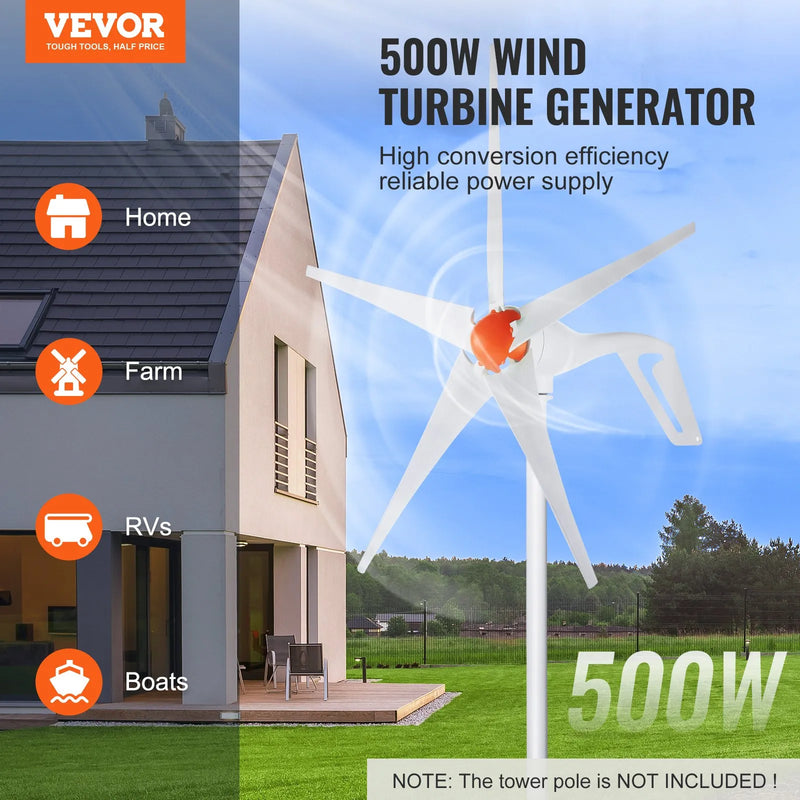 VEVOR 500 W vēja turbīnas ģenerators 12 V ar MPPT kontrolieri, 5 lāpstiņas, palaišanās vēja ātrums 2,5 m/s, regulējams vēja virziens, piemērots mājām, fermām, kemperiem un laivām