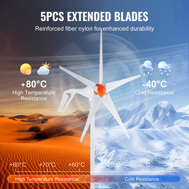 VEVOR 500 W vēja turbīnas ģenerators 12 V ar MPPT kontrolieri, 5 lāpstiņas, palaišanās vēja ātrums 2,5 m/s, regulējams vēja virziens, piemērots mājām, fermām, kemperiem un laivām