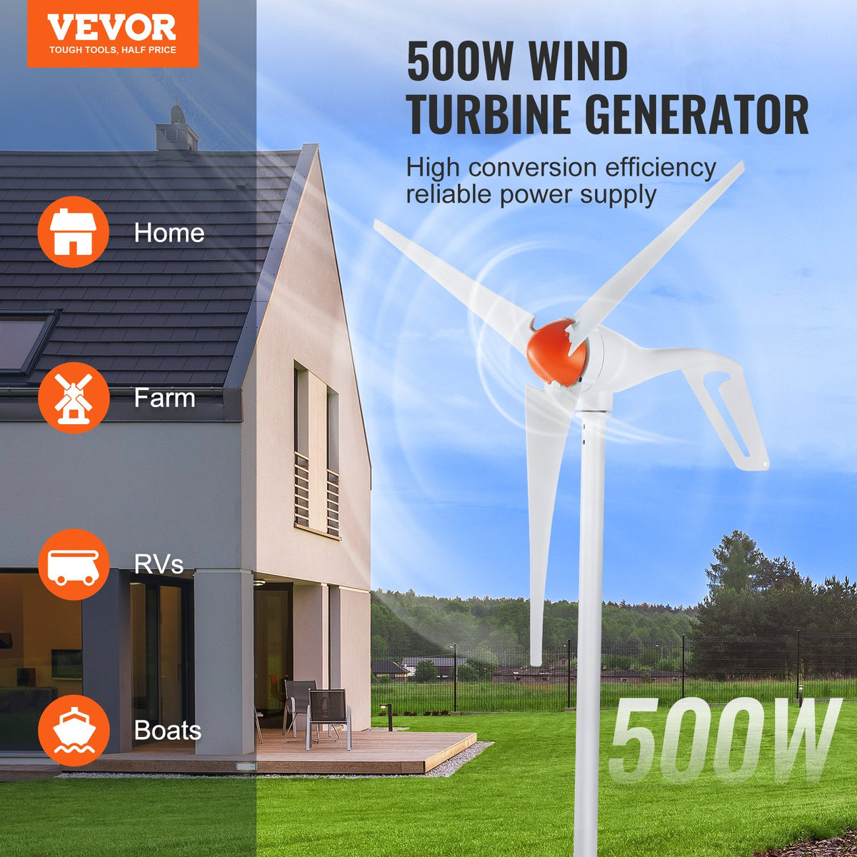 VEVOR Wind Turbine 500W — 3 Blades, MPPT