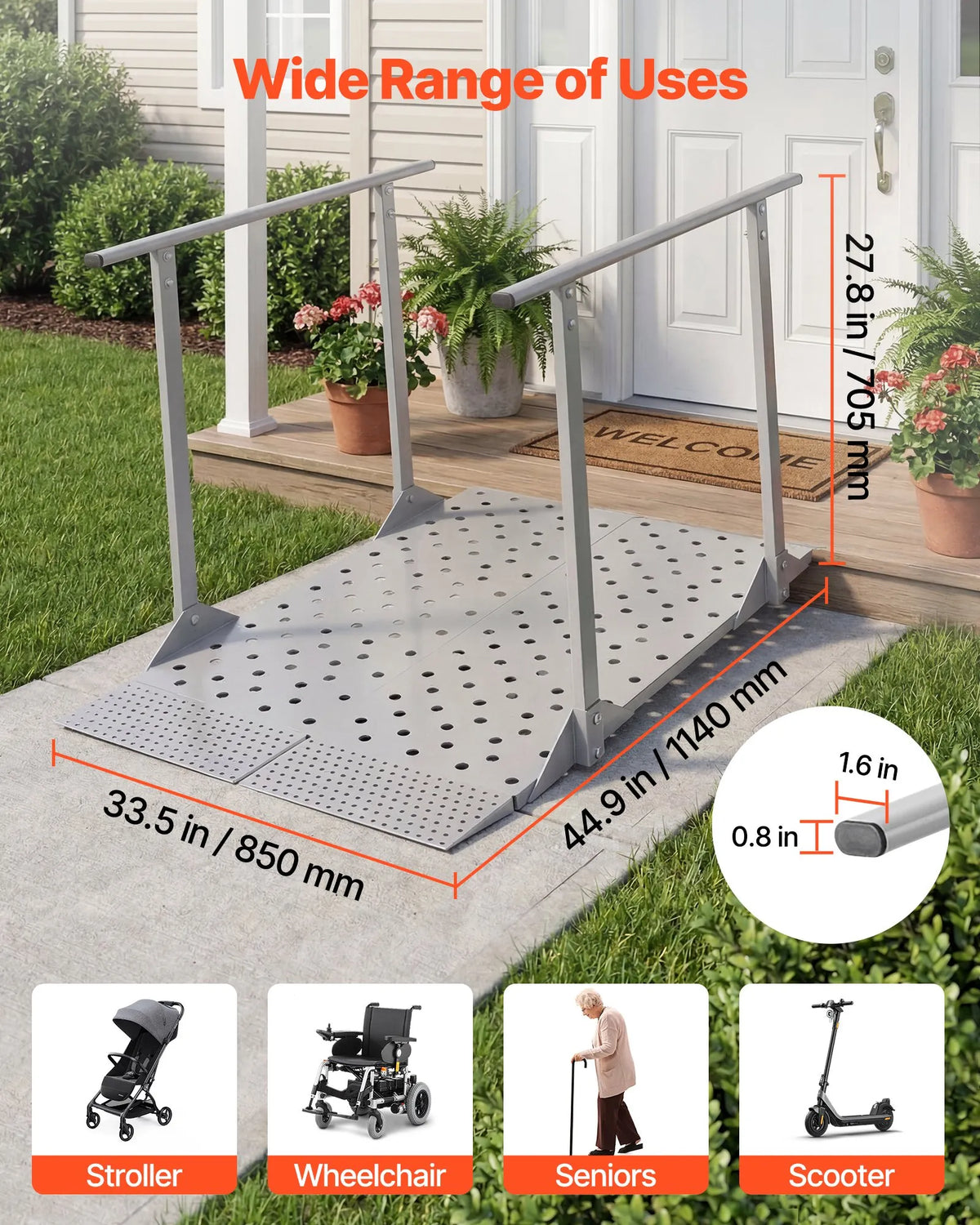VEVOR Aluminium Wheelchair Ramp with Handrails 114 × 85 cm, up to 199.6 kg