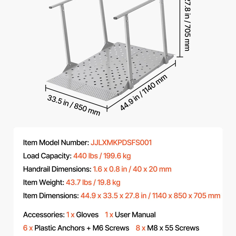 VEVOR alumīnija ratiņkrēsla rampa ar margām 1140 × 850 mm, līdz 199,6 kg, neslīdoša pārvietojama uzbrauktuve pakāpieniem, sliekšņiem un apmalēm