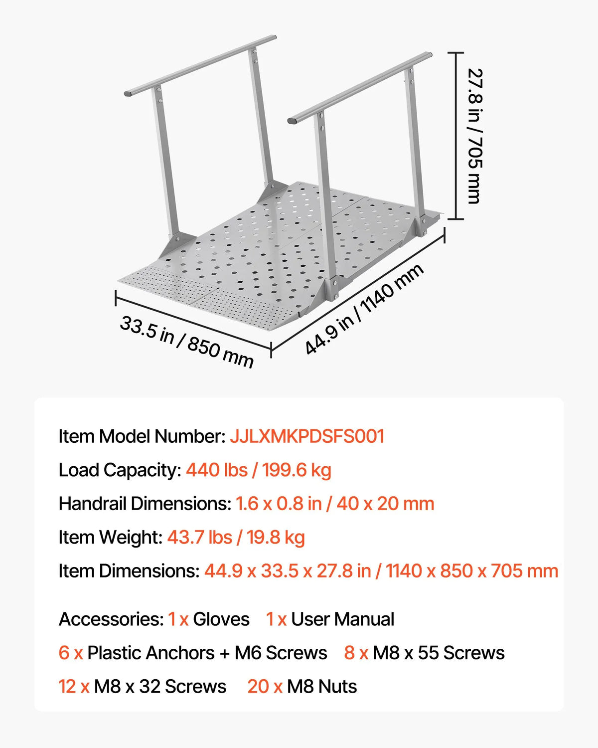 VEVOR Aluminium Wheelchair Ramp with Handrails 114 × 85 cm, up to 199.6 kg