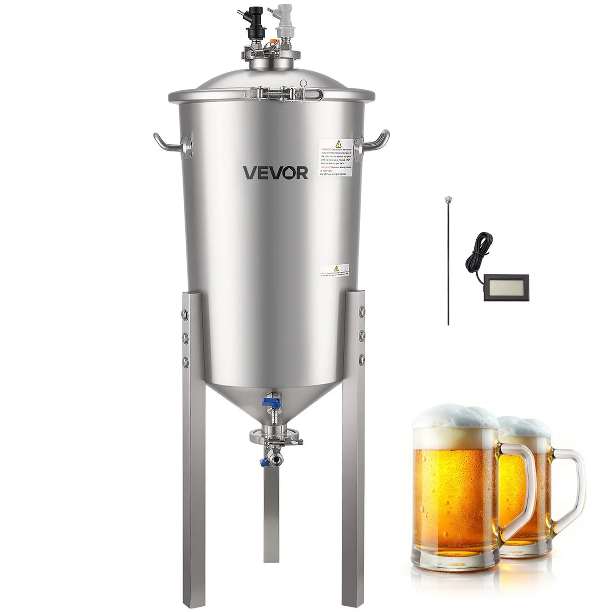 VEVOR koniskais fermentators 30 l ar regulējamām kājām, vāku, rokturi un termometru, nerūsējošā tērauda