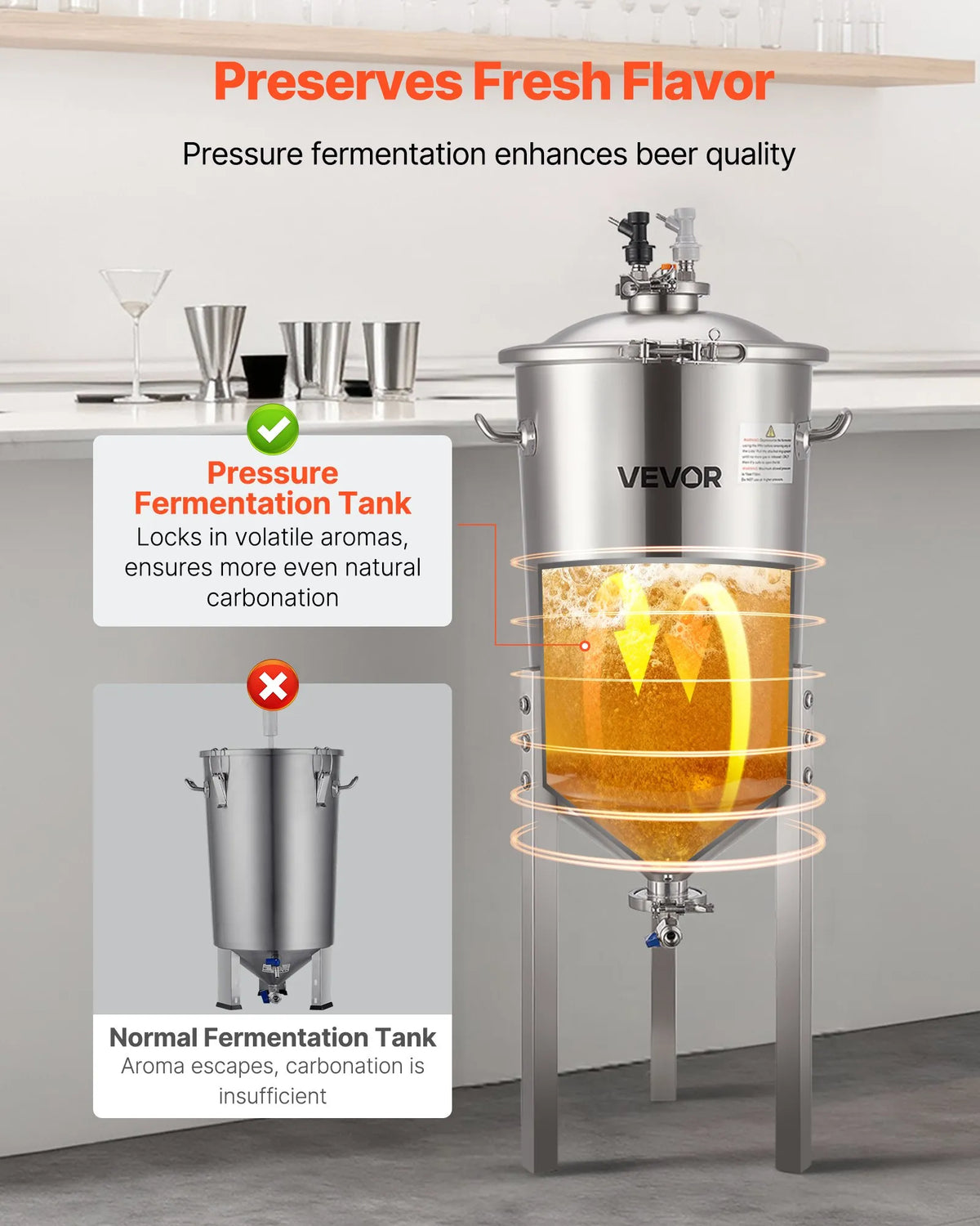 VEVOR koniskais fermentators 30 l ar regulējamām kājām, vāku, rokturi un termometru, nerūsējošā tērauda