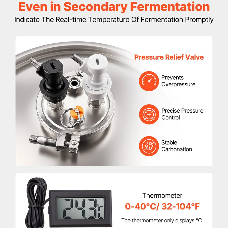 VEVOR nerūsējošā tērauda koniskais fermentācijas trauks, 30 l, mājas alus un vīna raudzēšanai, fermentācijas tvertne ar konisku dibenu, 3 regulējamām kājām, vāku, rokturi un termometru