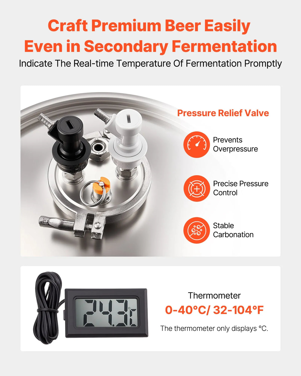 VEVOR koniskais fermentators 30 l ar regulējamām kājām, vāku, rokturi un termometru, nerūsējošā tērauda
