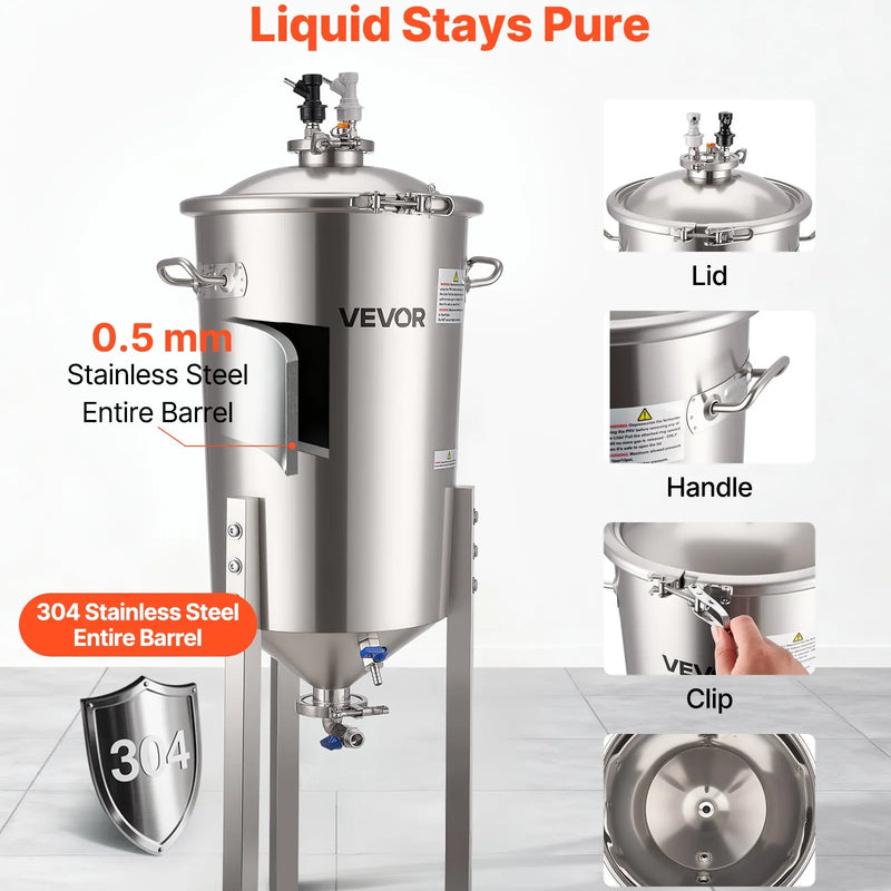 VEVOR nerūsējošā tērauda koniskais fermentācijas trauks, 30 l, mājas alus un vīna raudzēšanai, fermentācijas tvertne ar konisku dibenu, 3 regulējamām kājām, vāku, rokturi un termometru