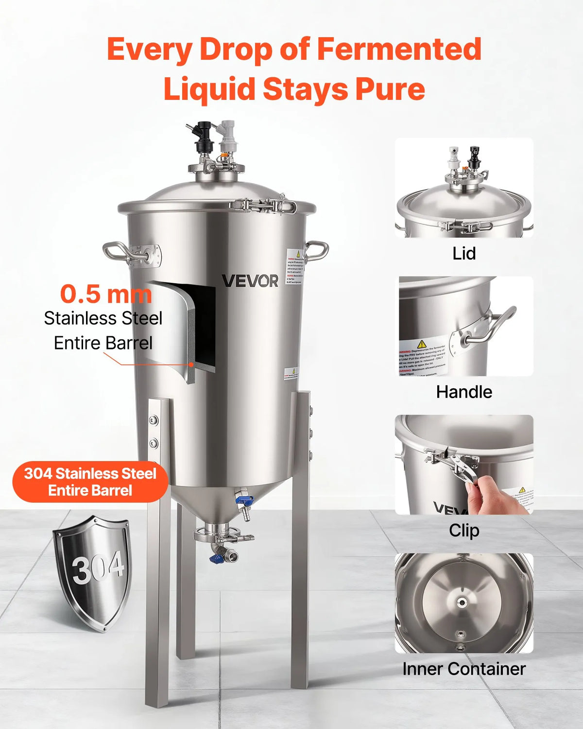 VEVOR koniskais fermentators 30 l ar regulējamām kājām, vāku, rokturi un termometru, nerūsējošā tērauda