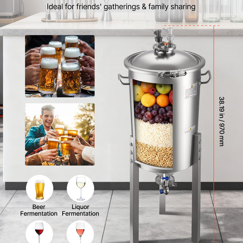 VEVOR nerūsējošā tērauda koniskais fermentācijas trauks, 30 l, mājas alus un vīna raudzēšanai, fermentācijas tvertne ar konisku dibenu, 3 regulējamām kājām, vāku, rokturi un termometru