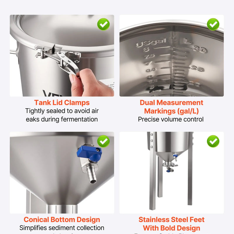 VEVOR nerūsējošā tērauda koniskais fermentācijas trauks, 30 l, mājas alus un vīna raudzēšanai, fermentācijas tvertne ar konisku dibenu, 3 regulējamām kājām, vāku, rokturi un termometru
