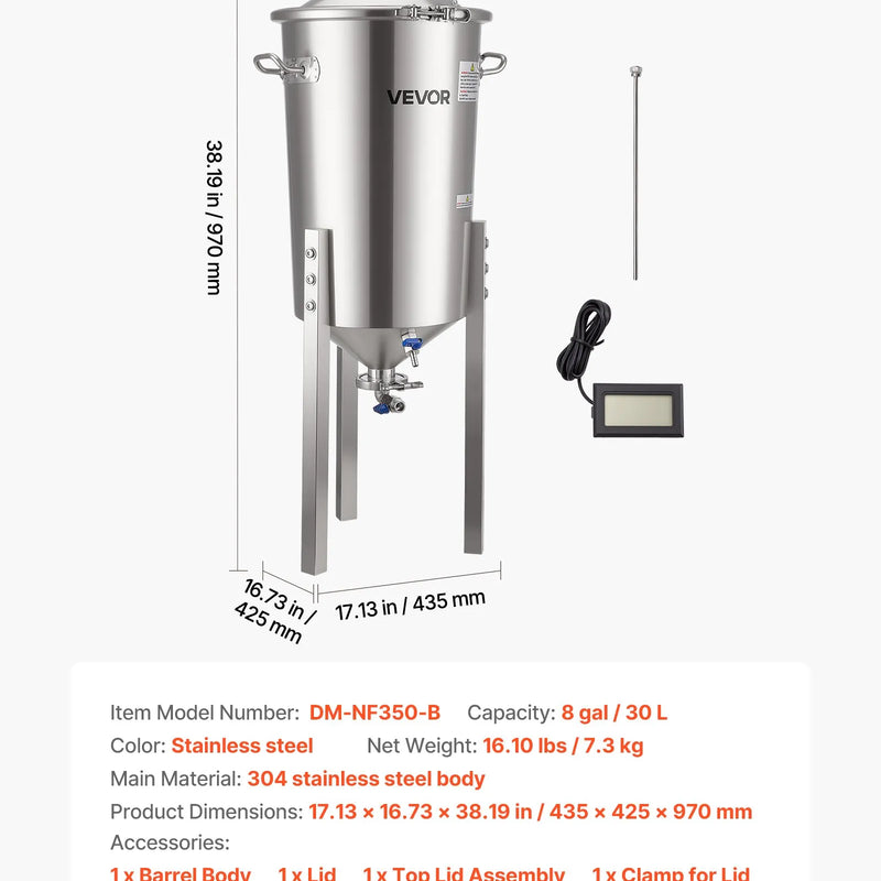 VEVOR nerūsējošā tērauda koniskais fermentācijas trauks, 30 l, mājas alus un vīna raudzēšanai, fermentācijas tvertne ar konisku dibenu, 3 regulējamām kājām, vāku, rokturi un termometru
