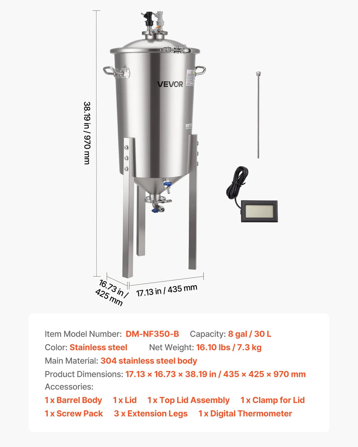 VEVOR koniskais fermentators 30 l ar regulējamām kājām, vāku, rokturi un termometru, nerūsējošā tērauda