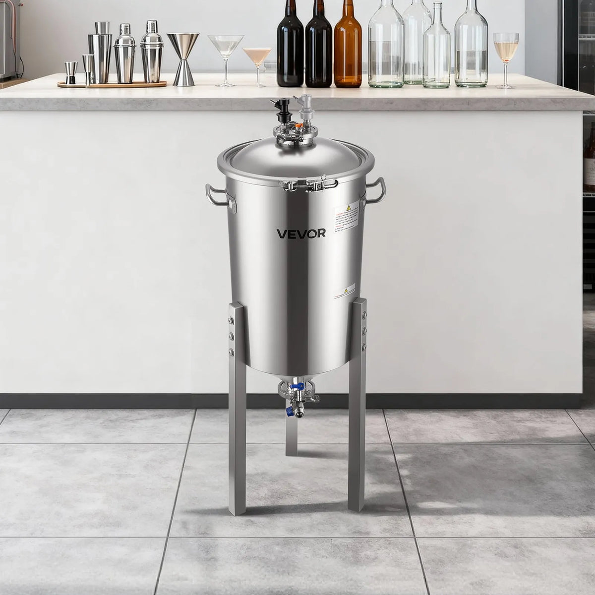 VEVOR koniskais fermentators 30 l ar regulējamām kājām, vāku, rokturi un termometru, nerūsējošā tērauda
