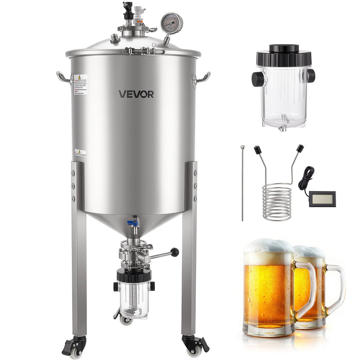 VEVOR koniskais fermentators 60 l ar 3 ritentiņiem, vāku, rokturi un termometru, nerūsējošā tērauda