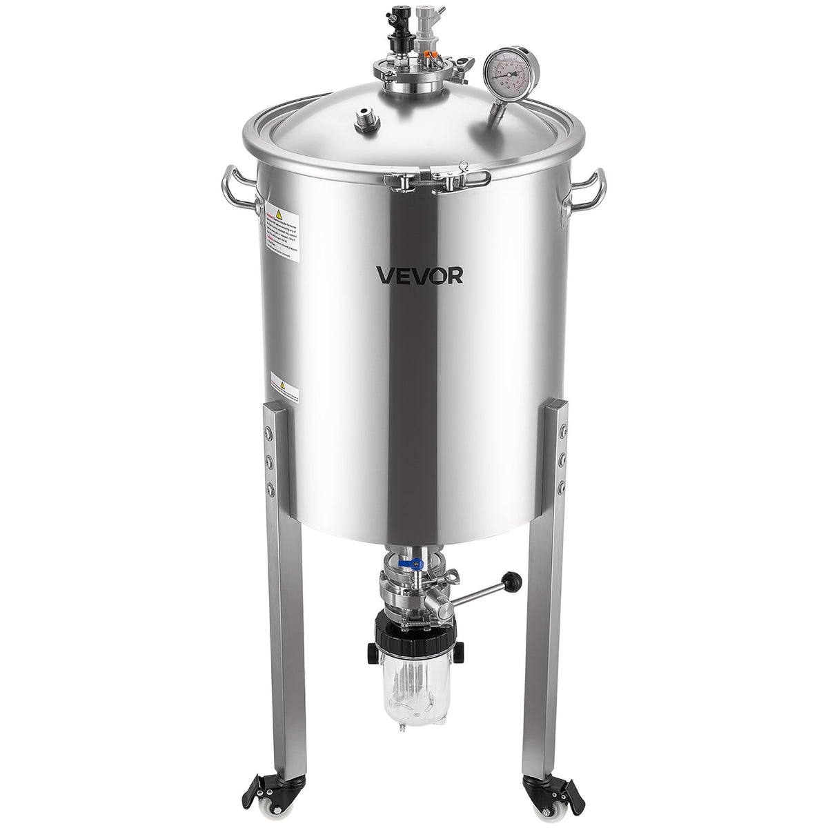 VEVOR koniskais fermentators 60 l ar 3 ritentiņiem, vāku, rokturi un termometru, nerūsējošā tērauda