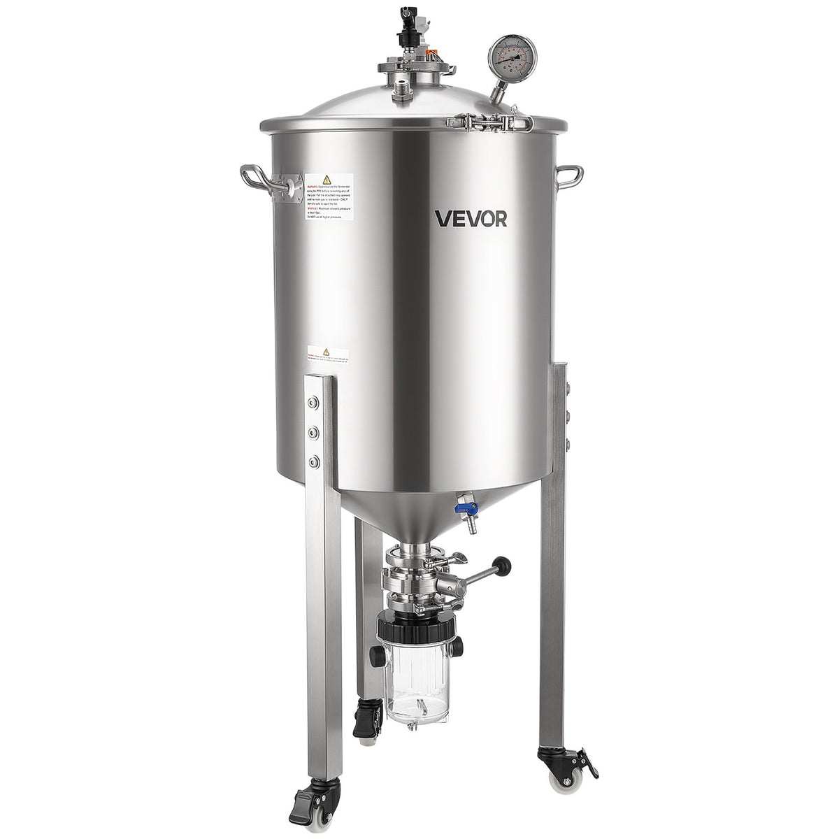 VEVOR koniskais fermentators 60 l ar 3 ritentiņiem, vāku, rokturi un termometru, nerūsējošā tērauda