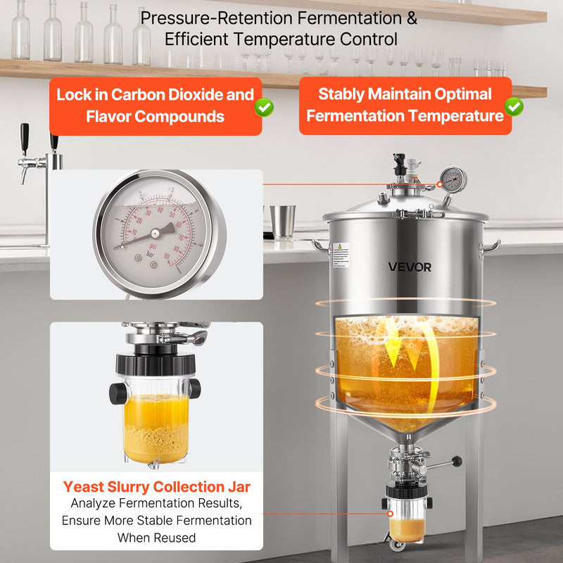 VEVOR nerūsējošā tērauda konusveida fermentācijas tvertne, 60 l mājas alus darīšanas fermentators ar konusveida apakšu, 3 ritentiņiem, vāku, rokturi un termometru vīna un alus fermentācijai