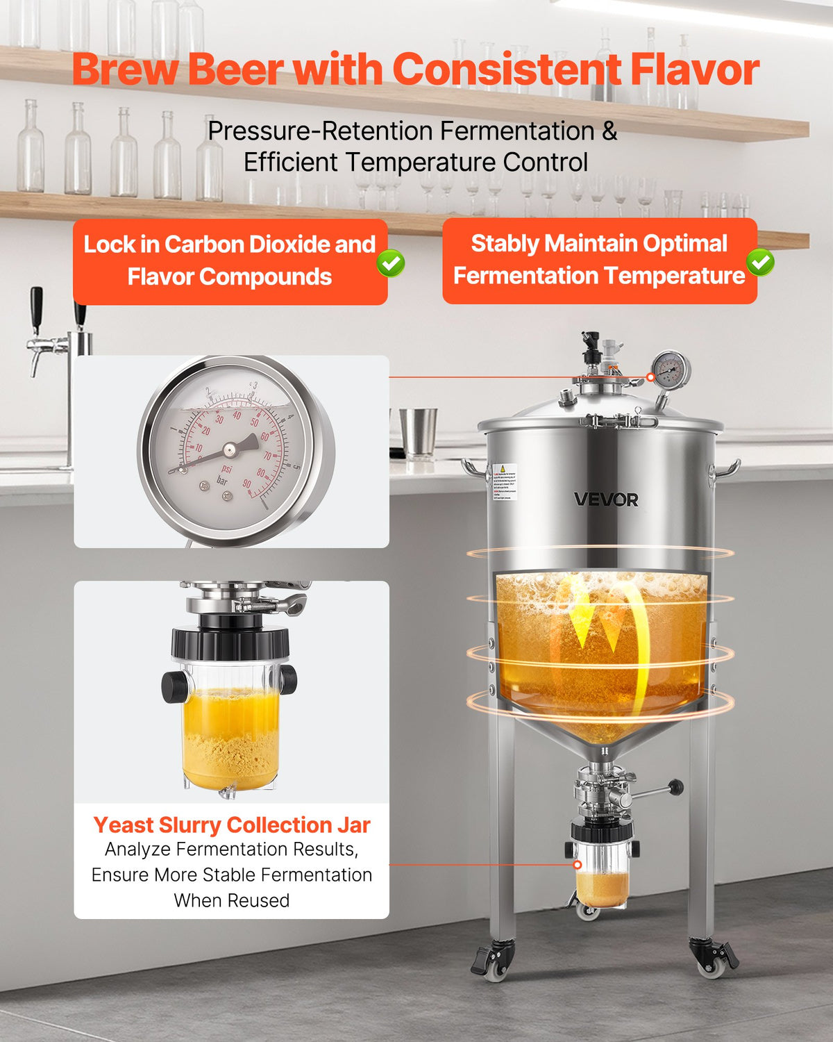 VEVOR koniskais fermentators 60 l ar 3 ritentiņiem, vāku, rokturi un termometru, nerūsējošā tērauda