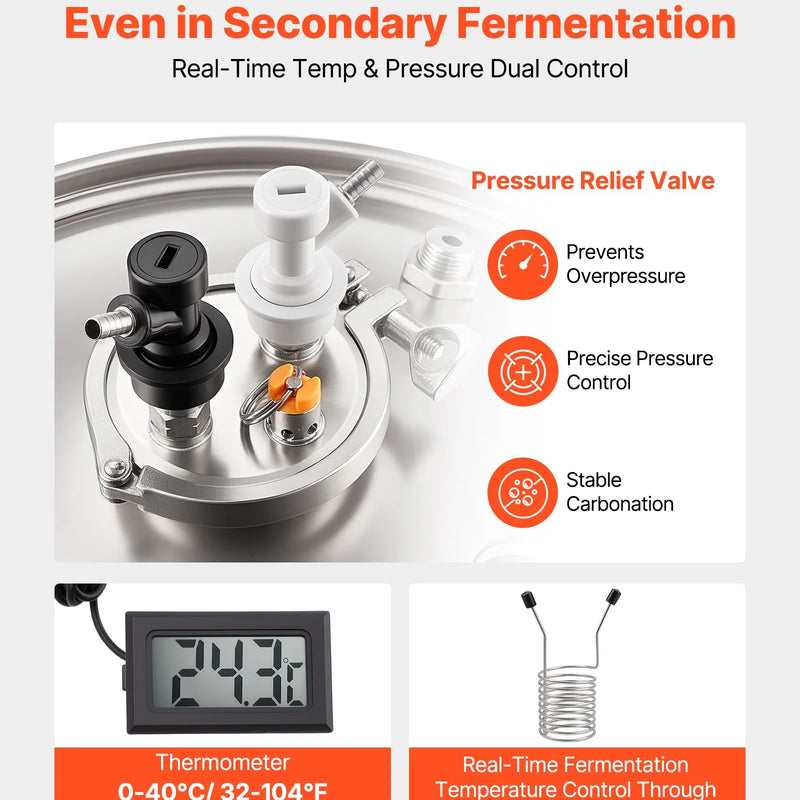 VEVOR nerūsējošā tērauda konusveida fermentācijas tvertne, 60 l mājas alus darīšanas fermentators ar konusveida apakšu, 3 ritentiņiem, vāku, rokturi un termometru vīna un alus fermentācijai