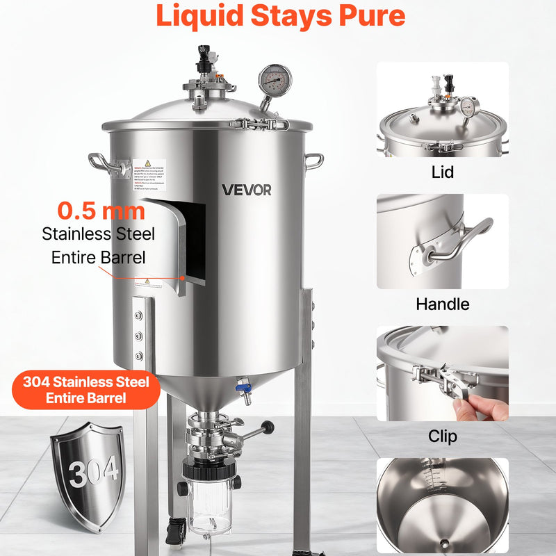VEVOR nerūsējošā tērauda konusveida fermentācijas tvertne, 60 l mājas alus darīšanas fermentators ar konusveida apakšu, 3 ritentiņiem, vāku, rokturi un termometru vīna un alus fermentācijai