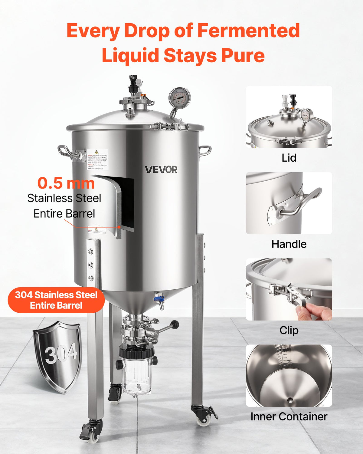 VEVOR koniskais fermentators 60 l ar 3 ritentiņiem, vāku, rokturi un termometru, nerūsējošā tērauda