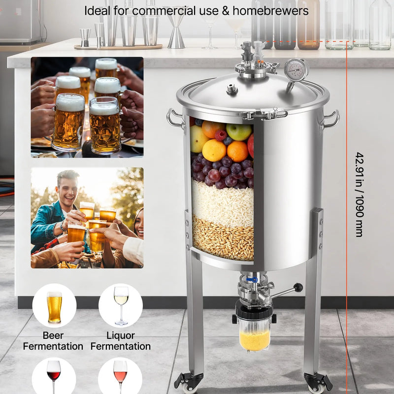 VEVOR nerūsējošā tērauda konusveida fermentācijas tvertne, 60 l mājas alus darīšanas fermentators ar konusveida apakšu, 3 ritentiņiem, vāku, rokturi un termometru vīna un alus fermentācijai