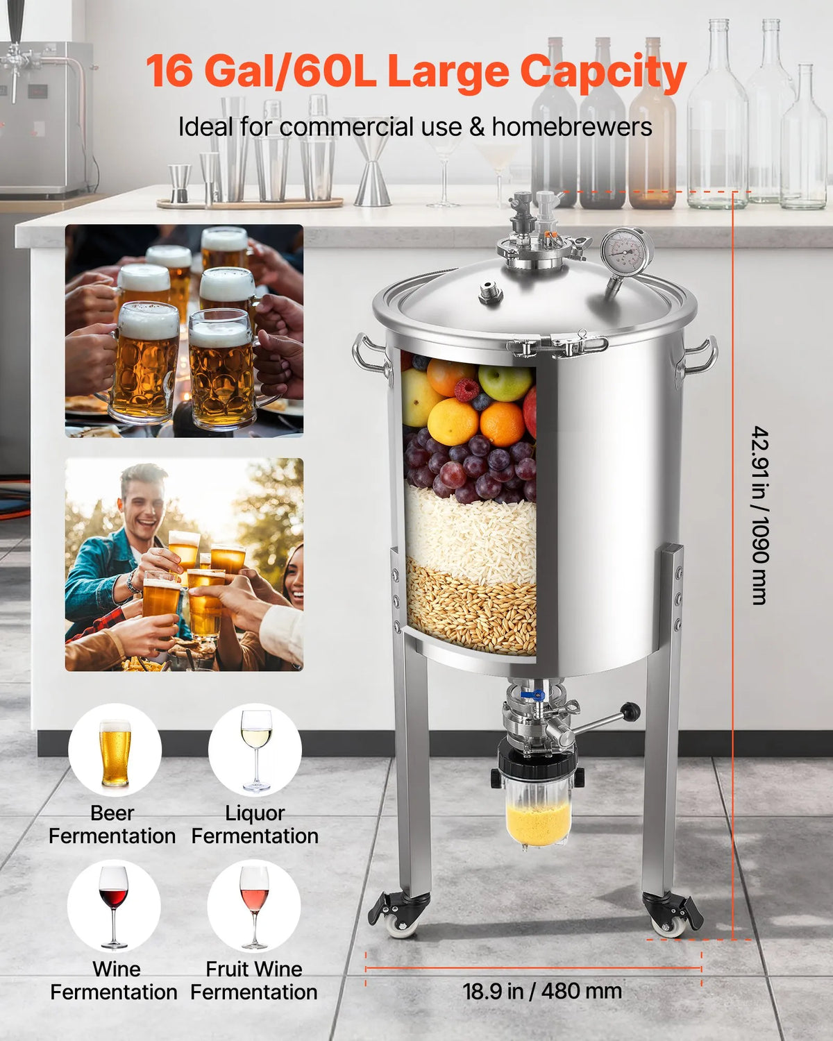 VEVOR koniskais fermentators 60 l ar 3 ritentiņiem, vāku, rokturi un termometru, nerūsējošā tērauda