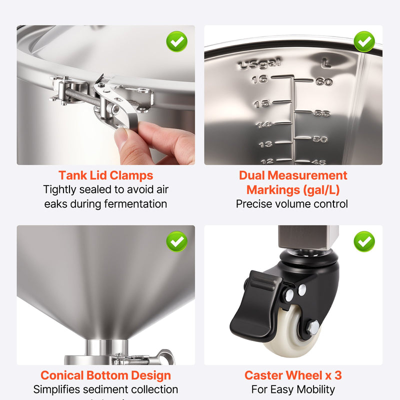 VEVOR nerūsējošā tērauda konusveida fermentācijas tvertne, 60 l mājas alus darīšanas fermentators ar konusveida apakšu, 3 ritentiņiem, vāku, rokturi un termometru vīna un alus fermentācijai
